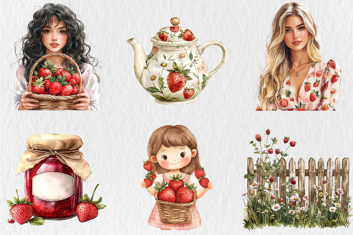 Watercolor Strawberry Time Clipart, an Empty State Illustration by Rose Art (Photo 3 of 4)