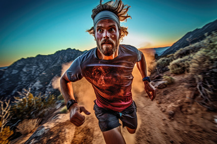 A dynamic shot of a trail runner in action, running downhill on, a Sports & Recreation Photo by designvectx
