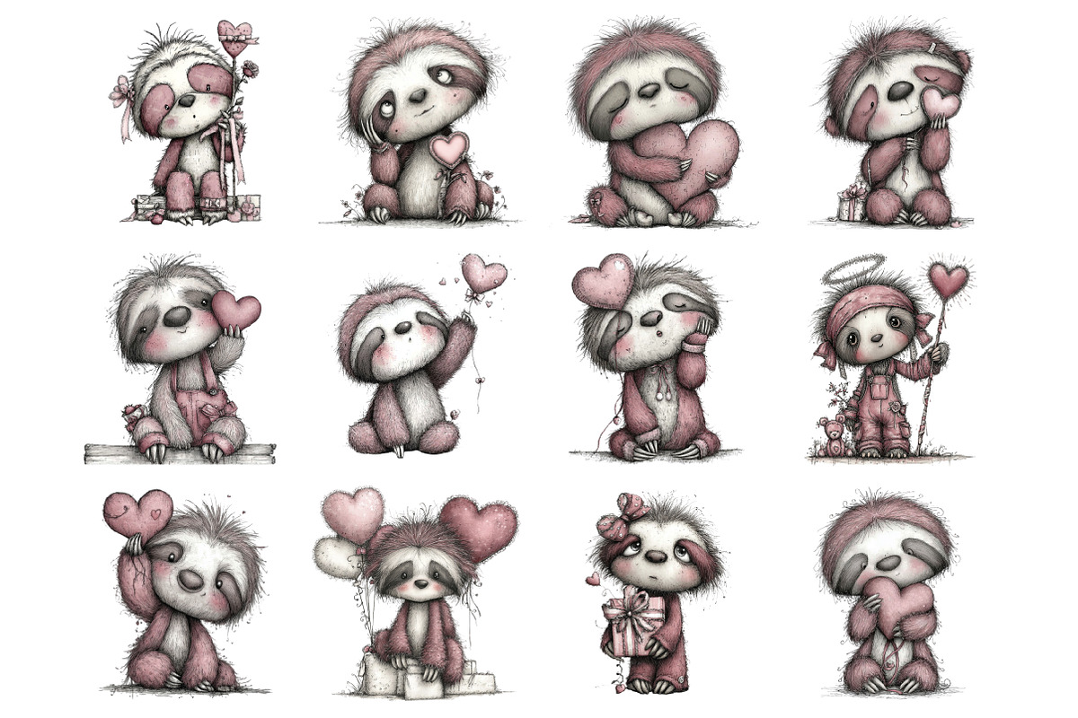 Valentine's Whimsical Sloth Clipart, an Illustration by Design Market (Photo 3 of 3)