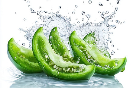 Green Peppers slices with water spla, a Food & Drink Photo by Pixeness