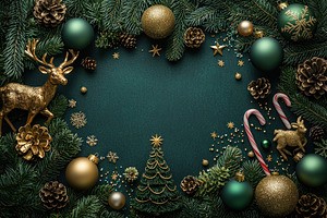 Christmas flat lay with golden ornaments, reindeer decorations, pinecones, cand, a Wallpaper Photo by José Manuel Gelpi