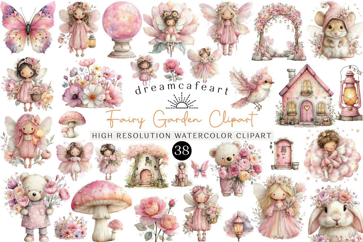 Watercolor Fairy Garden Clipart, an Illustration by DreamCafeArt (Photo 1 of 6)