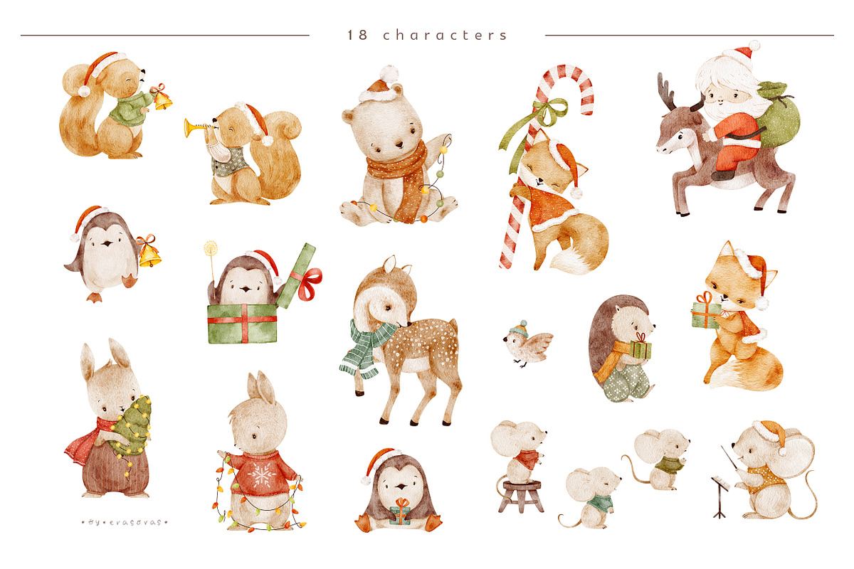 LITTLE CHRISTMAS watercolor animals, an Animal Illustration by erasovas (Photo 3 of 12)