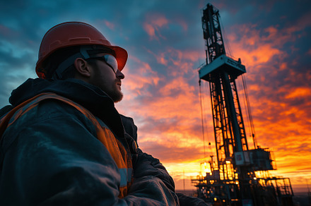 A well testing operator worker in safety gear stands silhouetted against a vibr, a Person Photo by Textures & Backgrounds