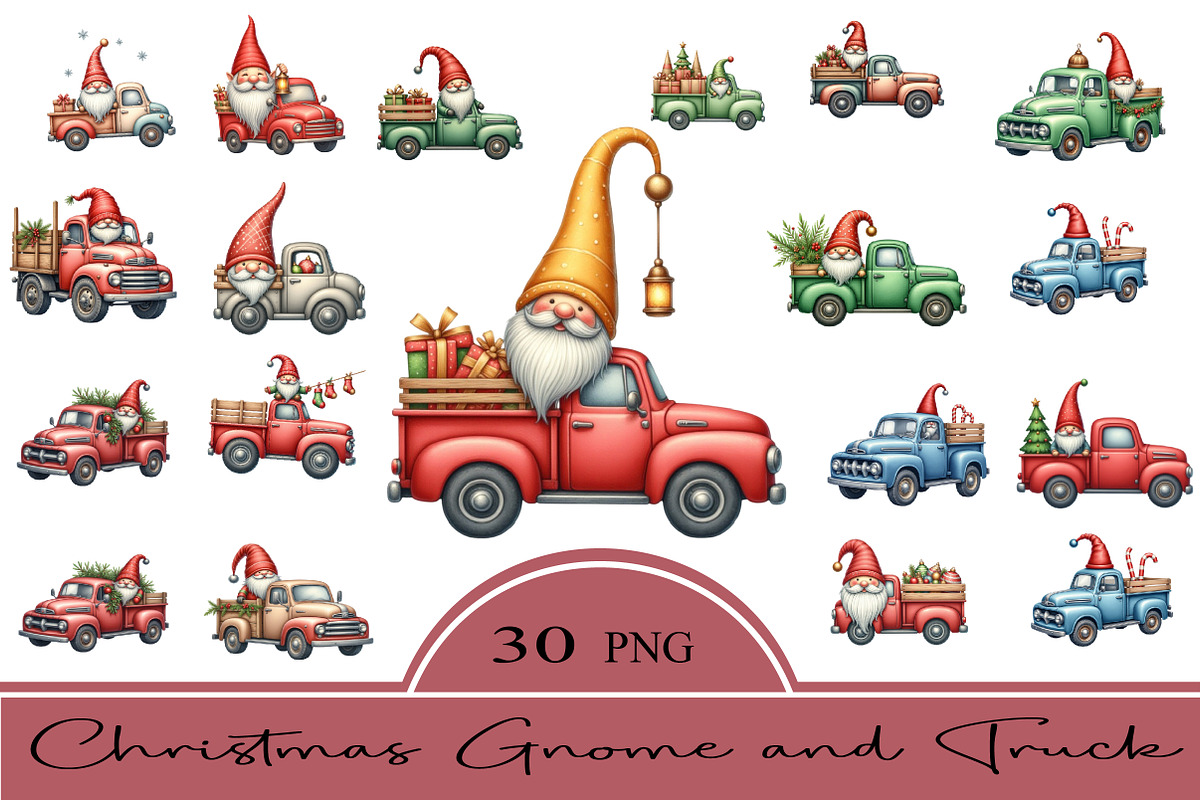 Christmas Gnome and Truck Clipart, an Illustration by CrexoraLab (Photo 1 of 5)