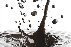 Coffee beans splashing dark liquid c, a Food & Drink Photo by Pixeness Studio
