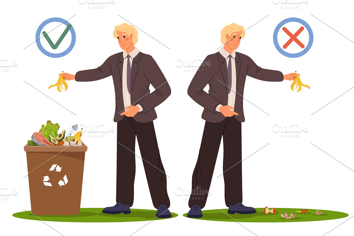 Man correctly disposes of food waste, a Person Illustration by Vectorbuum