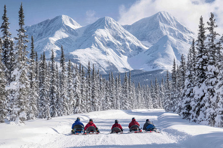 Group sledding through a snowy fores, a Photo by Iftikhar Alam