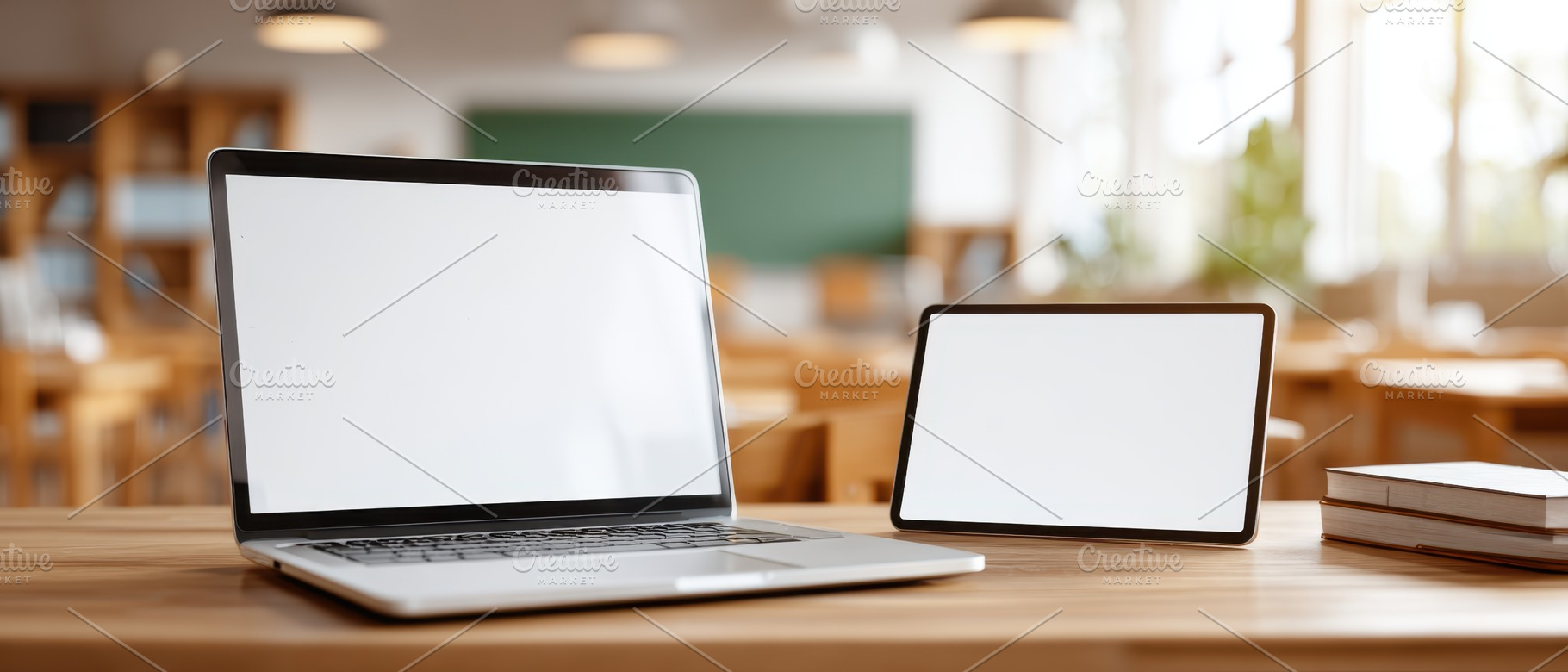 Laptop on desk with blank screen in bright workspace, a Technology Photo by AlyaAnd