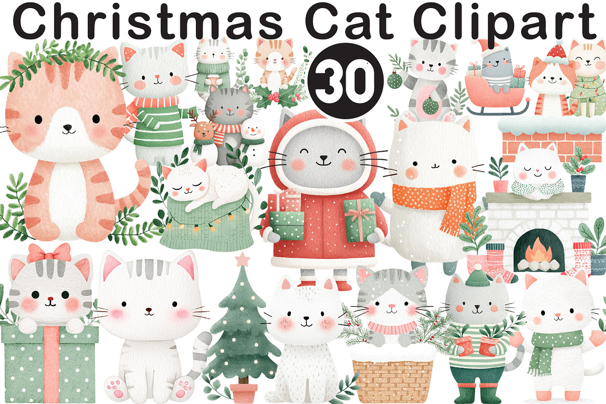 Christmas Cat Clipart, an Illustration by Black Bird Studio (Photo 1 of 6)
