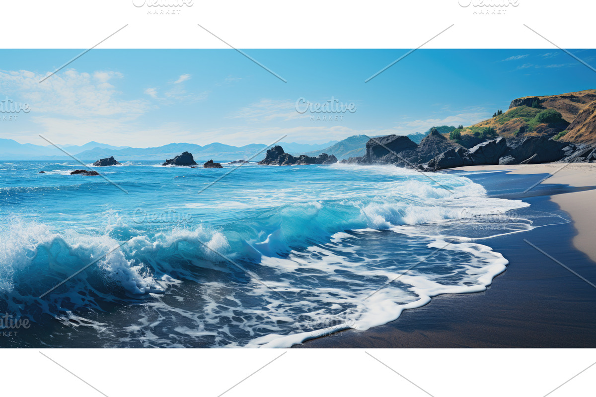 A beach with waves crashing on the, an Illustration by tilialucida