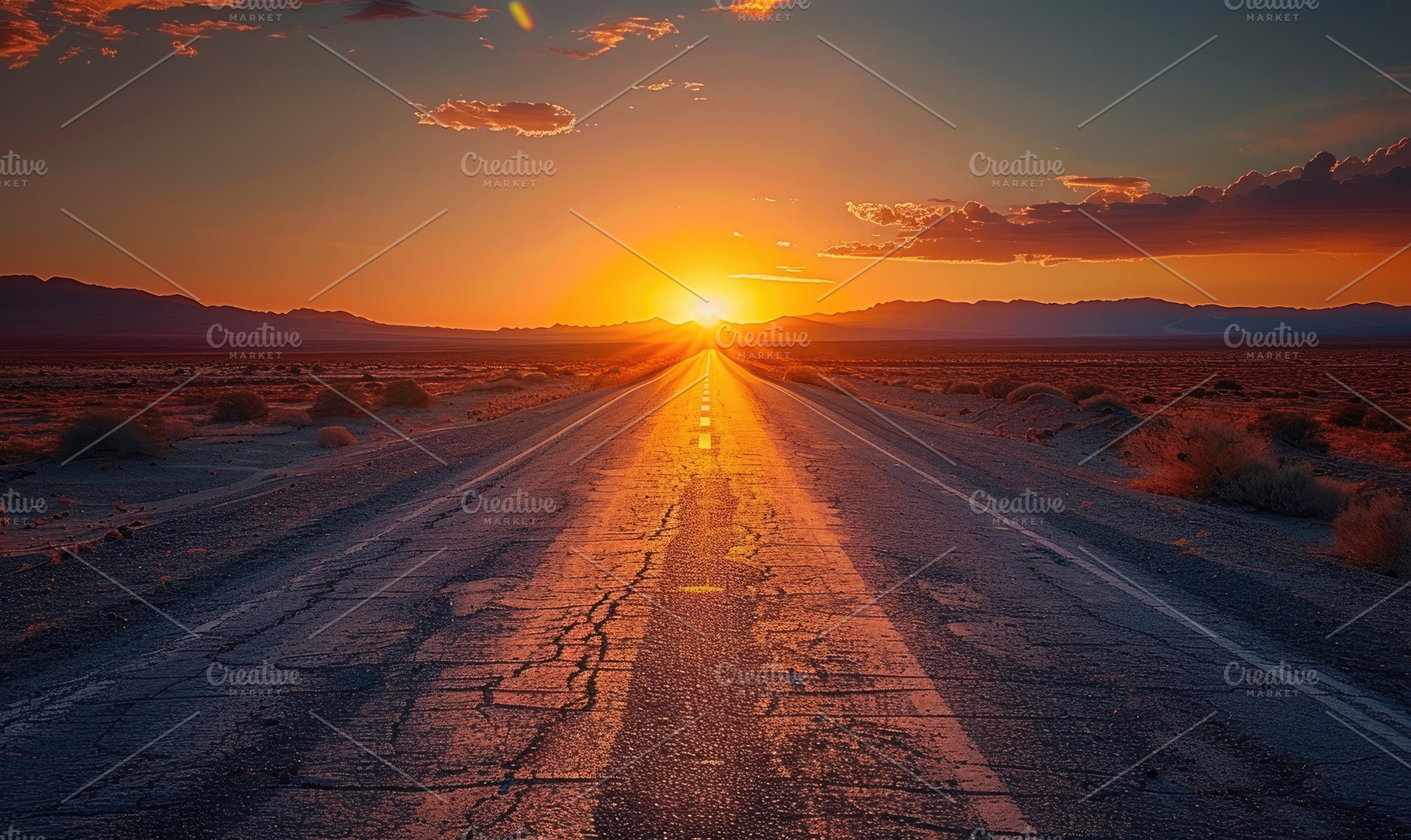 A fiery sunset over a straight road, a Photo by LOGOCREATIVE