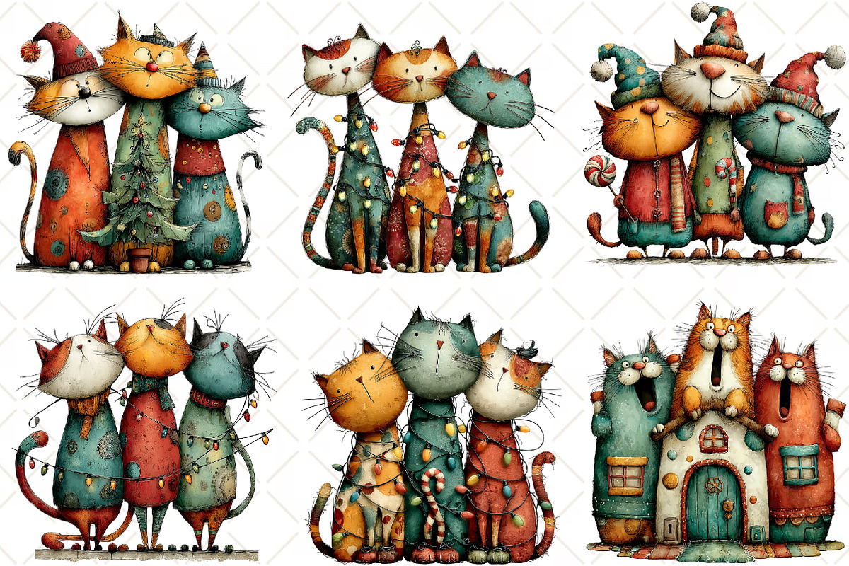 Whimsical Christmas Cats Clipart, an Illustration by Black Bird Studio (Photo 2 of 6)