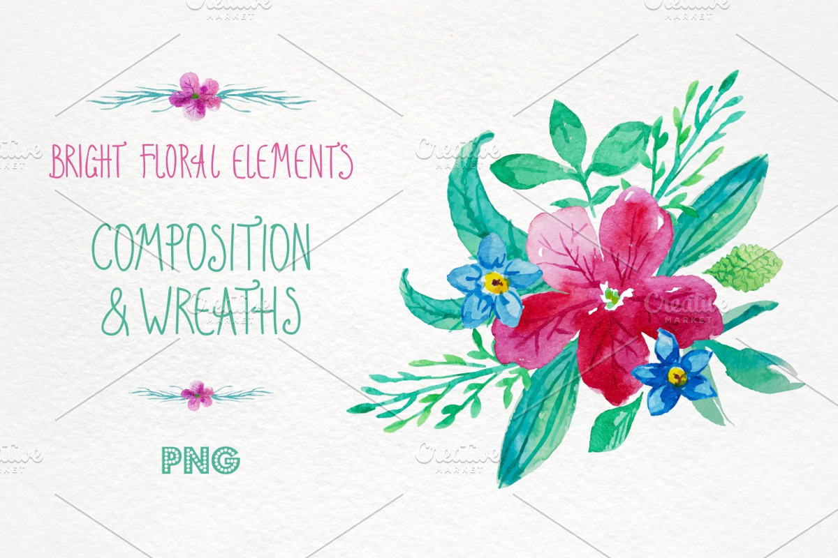 Bright floral elements. Watercolour, a Decorative Illustration by OlgaAlekseenko (Photo 1 of 3)