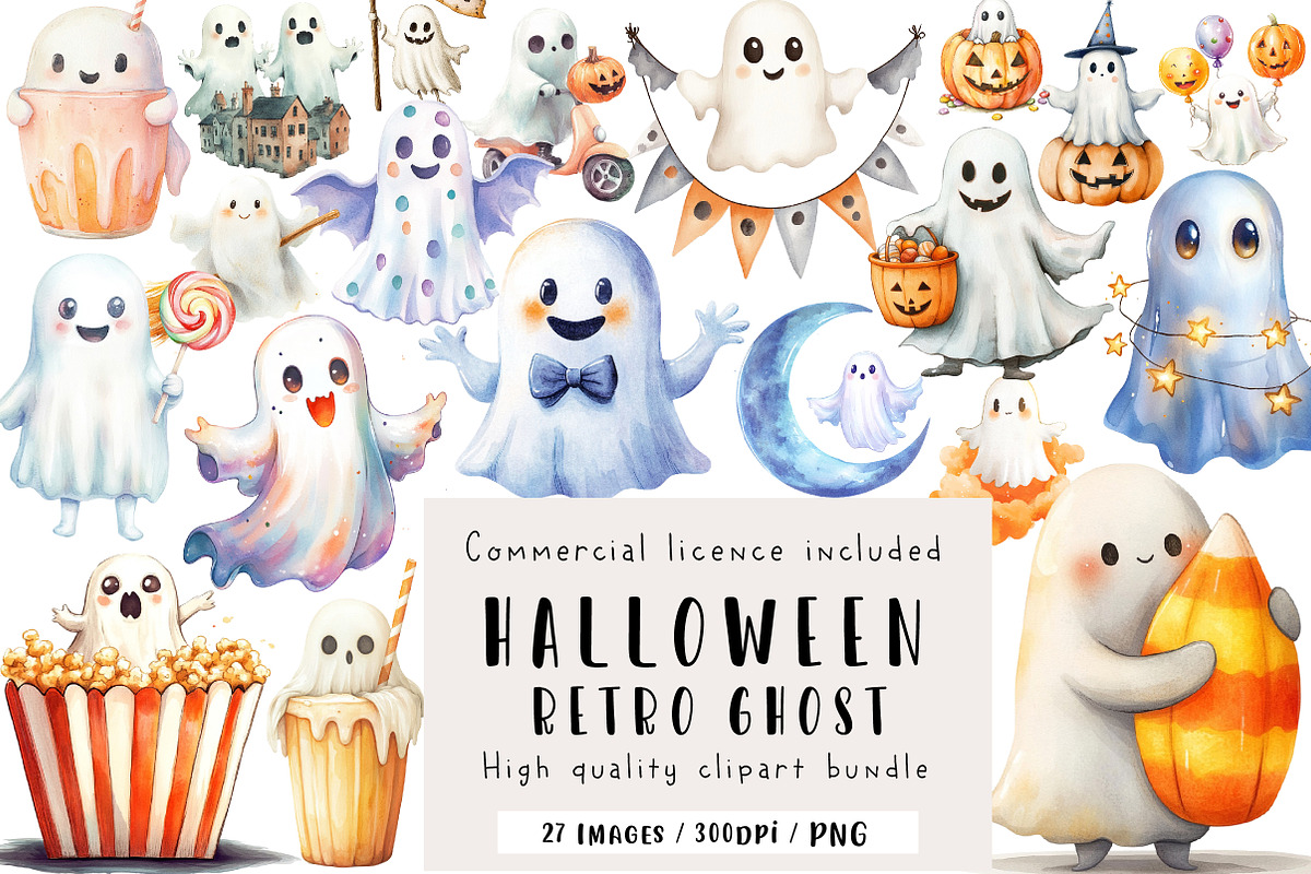 Retro Halloween Ghost Clipart, an Illustration by CreationArt (Photo 1 of 5)