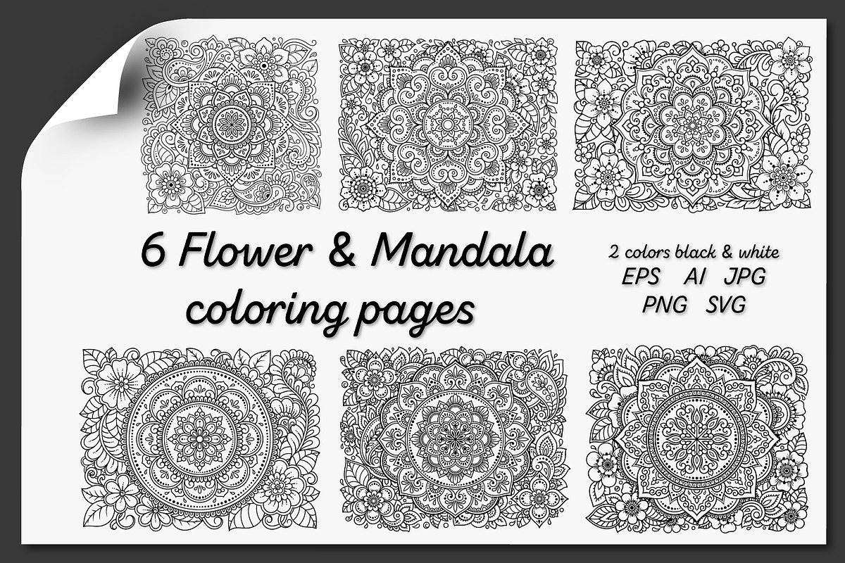 Flower & Mandala coloring, a Decorative Illustration by Katika Shop (Photo 1 of 2)