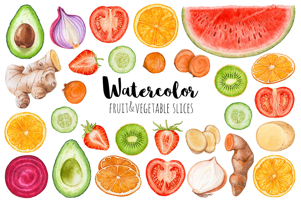 Watercolor fruit&vegetable slices, a Food Illustration by Katya Zlobina (Photo 1 of 14)