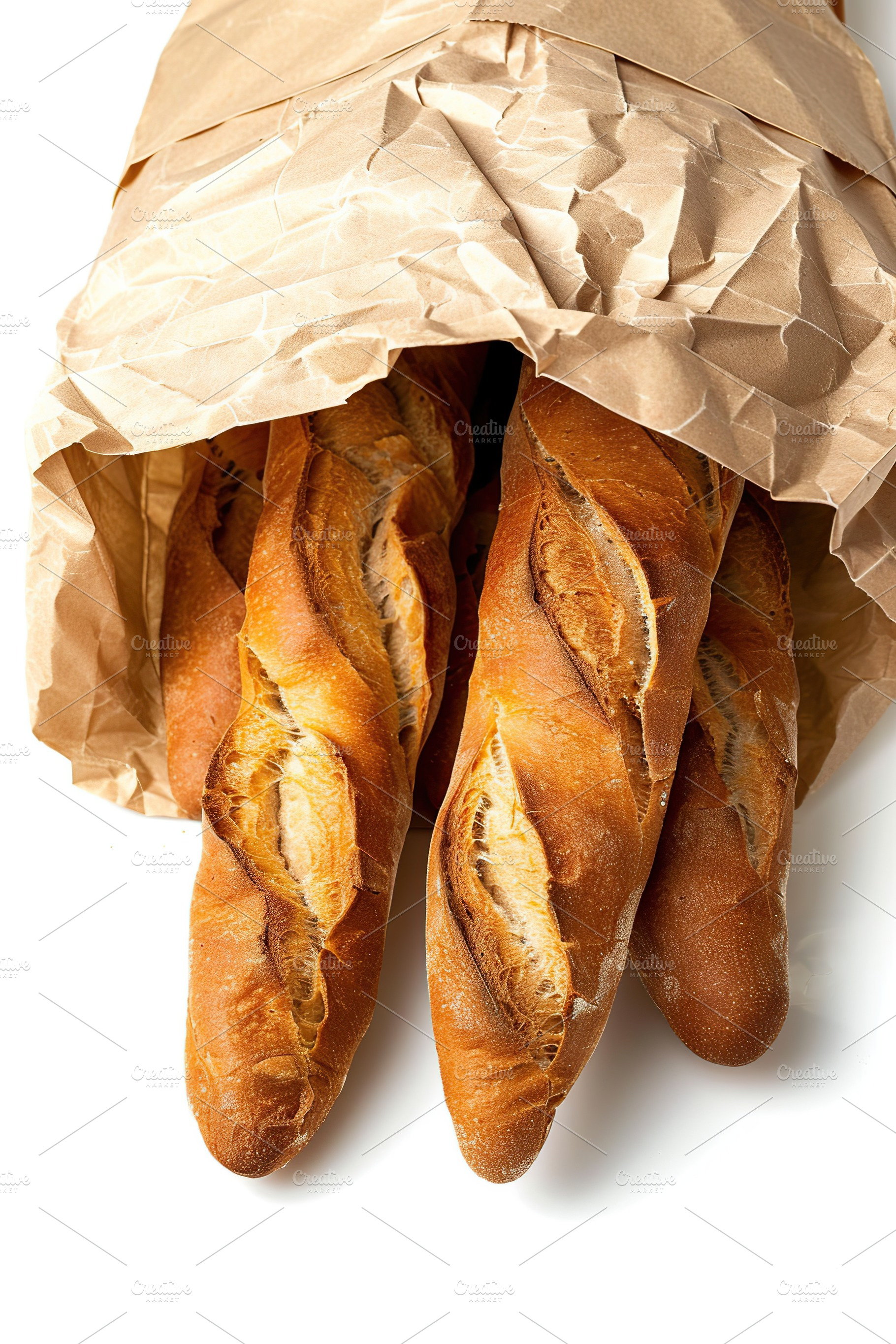 Freshly baked baguette in paper bag isolated on white background, a Food & Drink Photo by AlyaAnd
