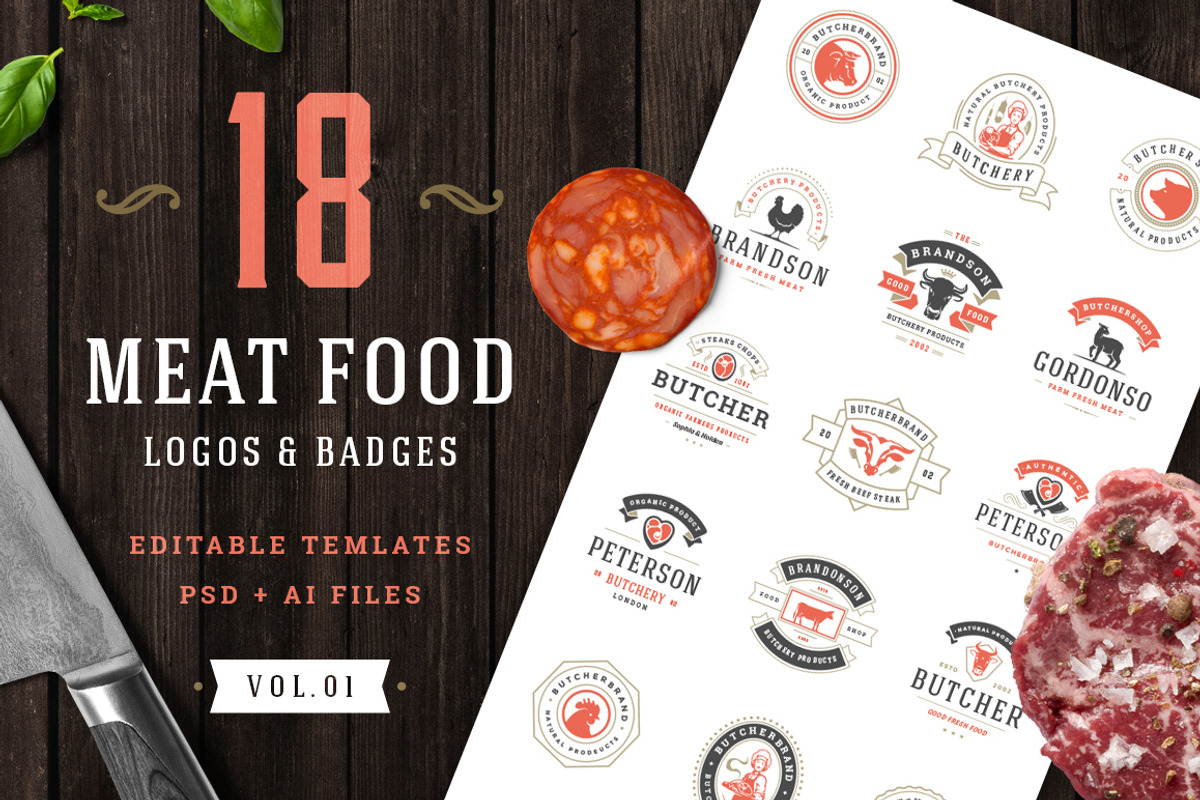 18 Meat Food Logos and Badges, a Branding & Logo Template by Vasya Kobelev (Photo 1 of 11)