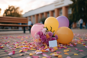 Celebration setting with colorful balloons and flowers on the ground at sunset, a Photo by AlyaAnd