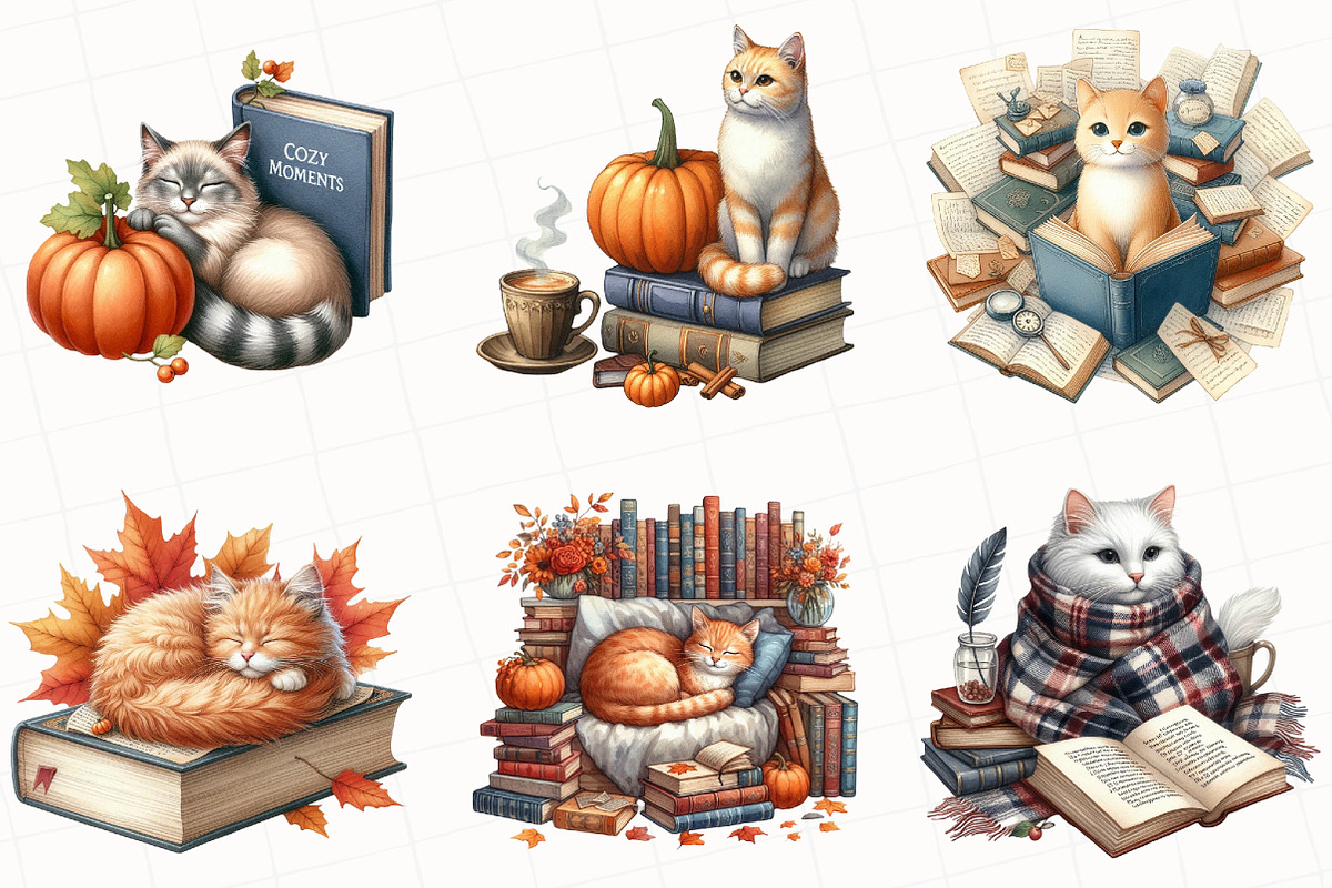 Cat and Book Fall Vibes Clipart, an Illustration by OK Design (Photo 4 of 5)