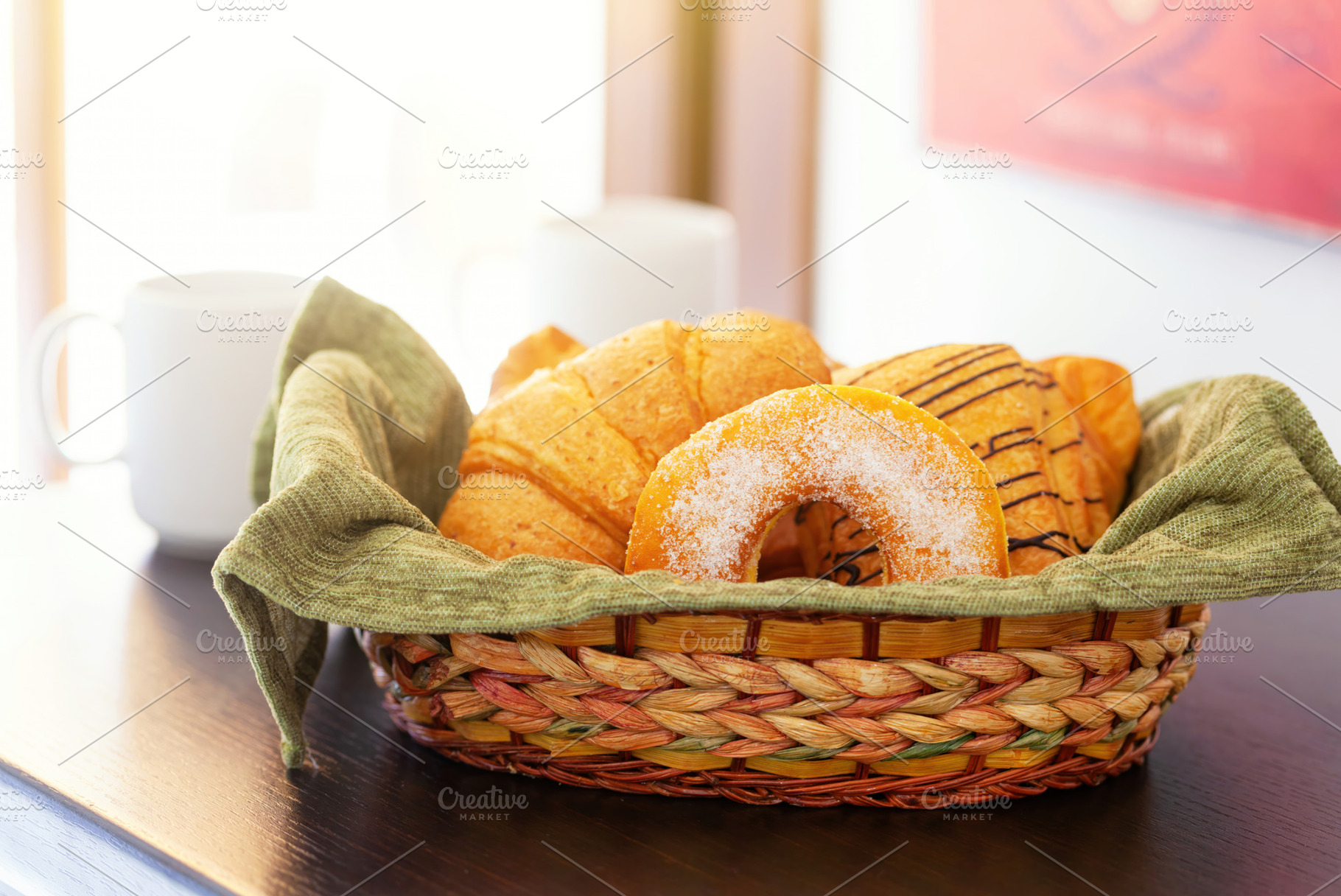 Wicker Basket Brimming with Delicious Pastries for Breakfast, a Food & Drink Photo by Antonio Gravante Market