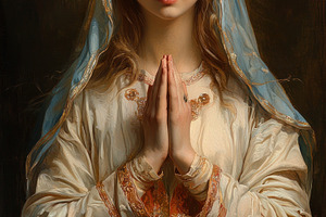 Classic religious portrait of a praying woman with a golden halo, a Holiday Photo by José Manuel Gelpi