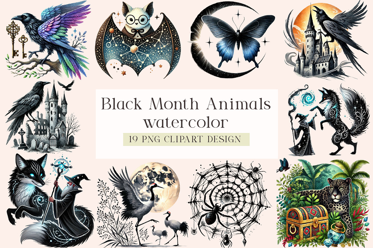 Watercolor Black Month Animals, a Seasonal Illustration by DreamArtGraphic (Photo 1 of 5)