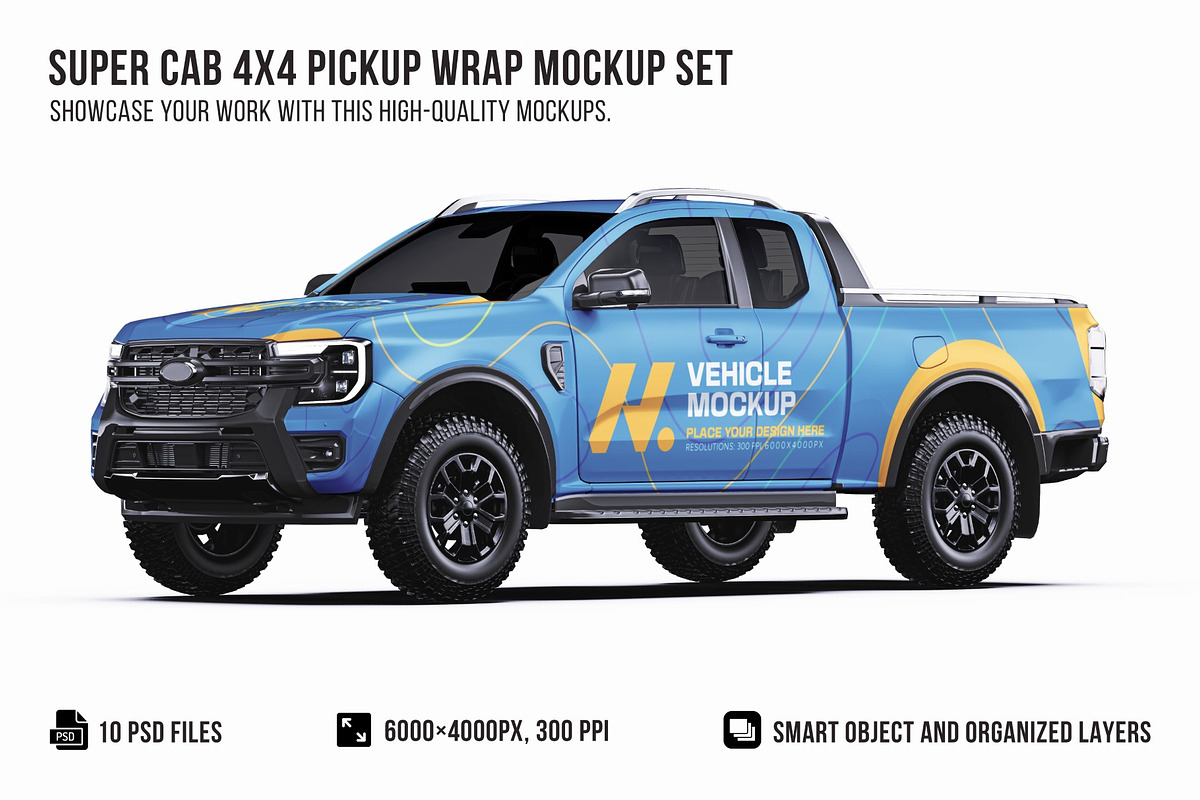 Super Cab 4x4 Pickup Wrap Mockup Set, a Product Mockup by Halal Graphic Studio (Photo 1 of 15)