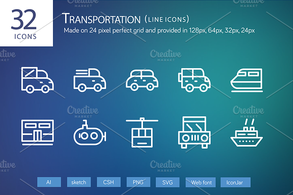 32 Transportation Line Icons