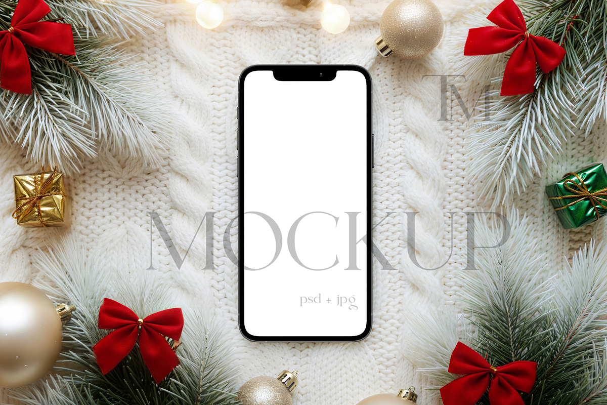 Christmas Phone Mockup Red Bows, a Product Mockup by TatiMockup (Photo 1 of 5)