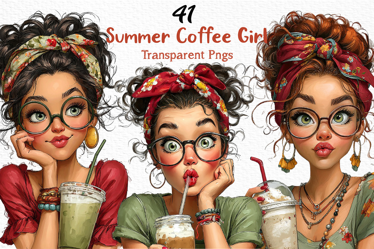 Whimsical Summer Coffee Girl Clipart, an Illustration by Craft Nest (Photo 1 of 12)