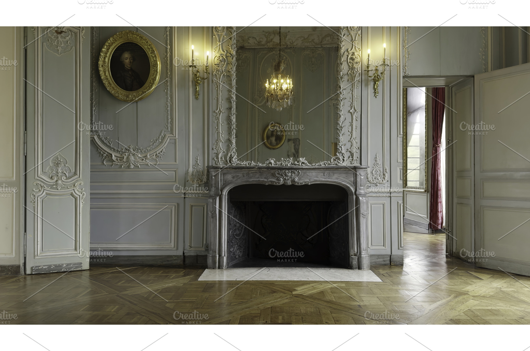 Elegant palace ballroom door opening, an Architecture Photo by Media Whale Stock