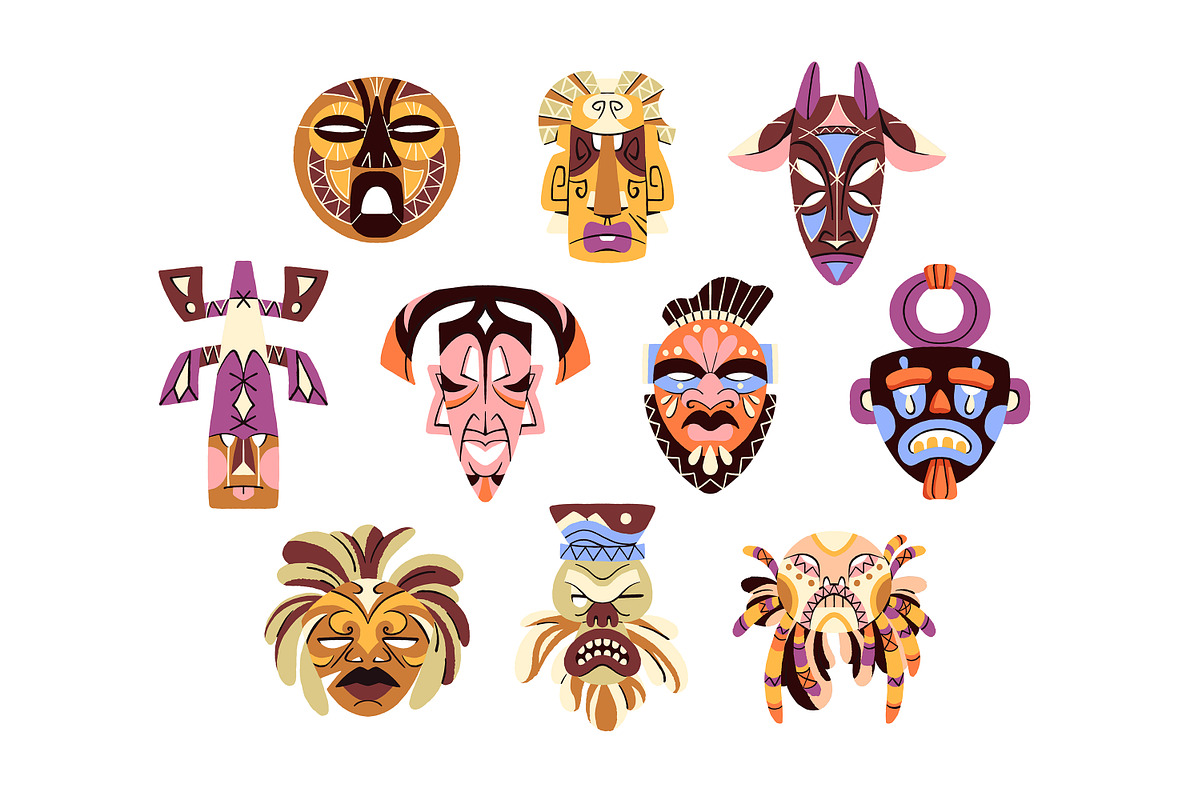 African tribal masks set, background, an Object Illustration by PaperTrident (Photo 2 of 6)