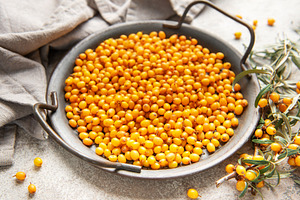Sea buckthorn berries in bowl with branches, healthy superfood, a Food & Drink Photo by Olena Rudo