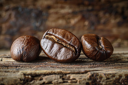 Coffee beans on wooden table, a Food & Drink Photo by AlyaAnd