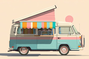 Colorful food truck setup at sunset, a Photo by Beautiful things