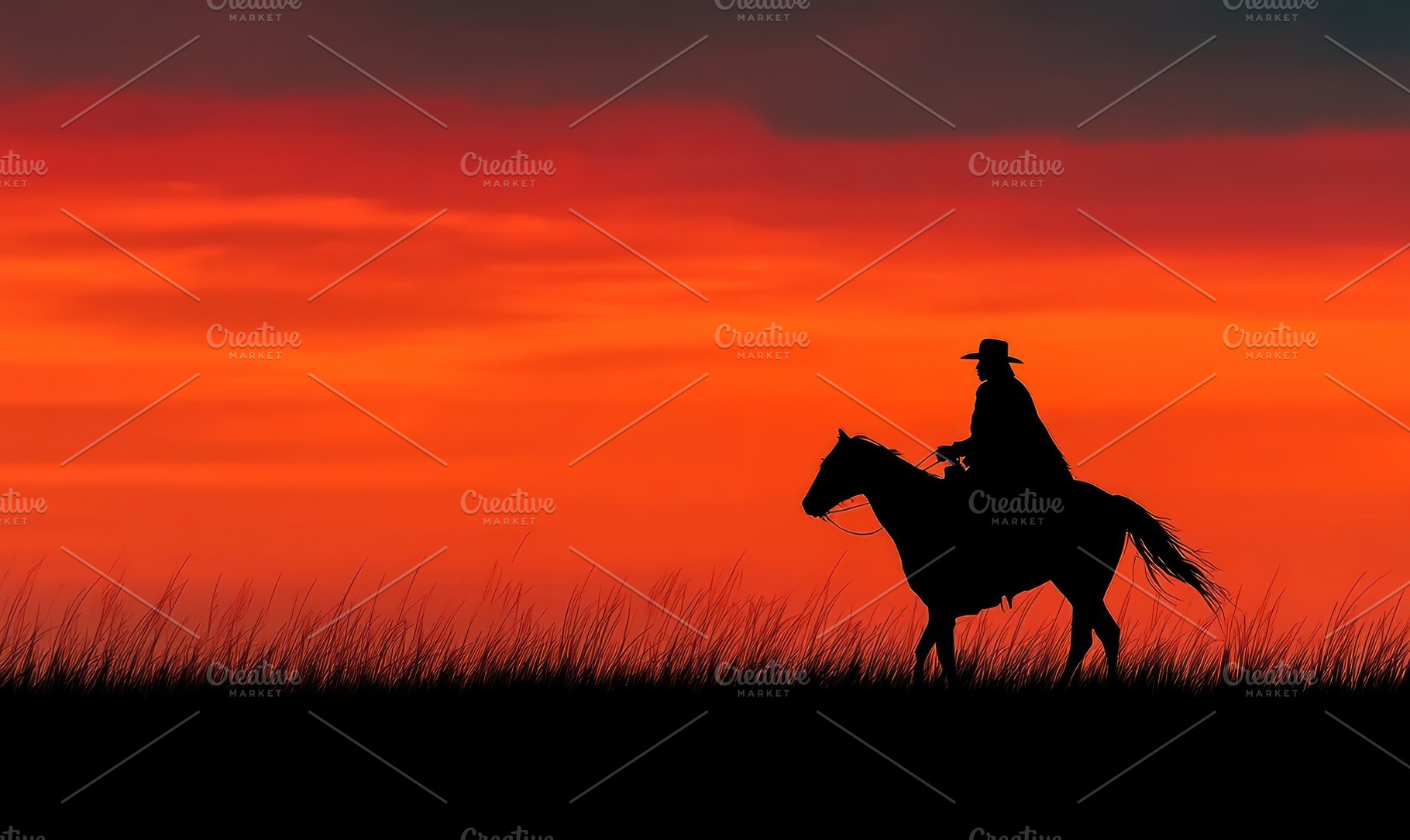 Cowboy on horseback silhouetted against vivid red and orange sun, a Person Photo by José Manuel Gelpi