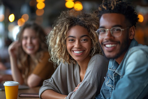 A joyful group of diverse young adults smiling while enjoying coffee in a cozy, a Person Photo by ImageMir
