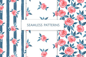 Watercolor Rose Patterns with blue, a Pattern Graphic by Gribanessa