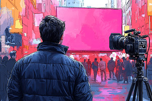Photographer capturing urban scene with vibrant city backdrop and people gather, an Illustration by AS photostudio