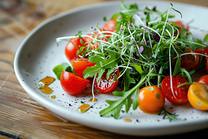 Fresh salad with microgreen, arugula and tomatoes in plate on wooden table, a Food & Drink Photo by AlyaAnd