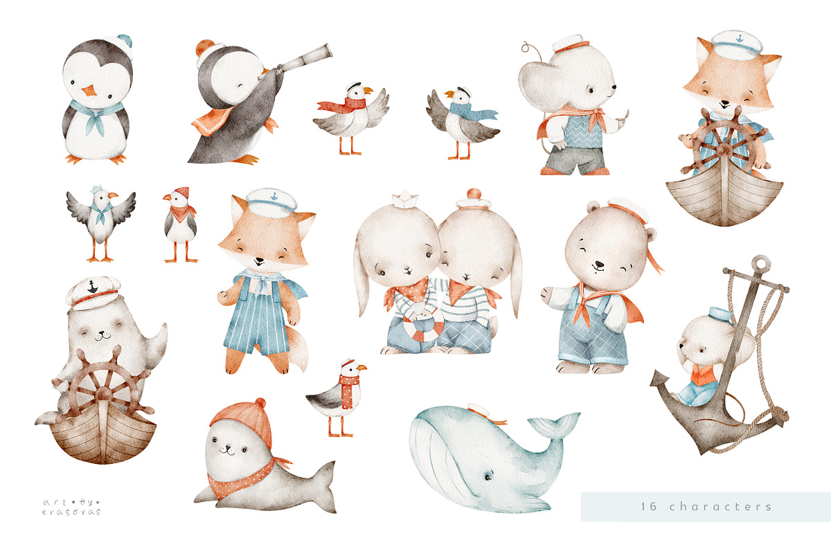 LITTLE SAILOR watercolor set, an Animal Illustration by erasovas (Photo 2 of 12)