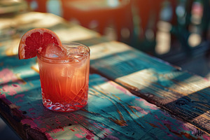Red grapefruit cocktail in glass on wooden table, a Food & Drink Photo by AlyaAnd