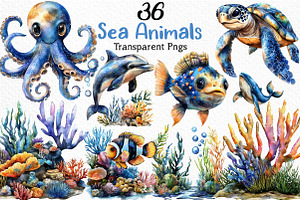 Watercolor Sea Animals Clipart, an Illustration by Craft Nest
