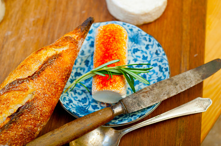 French cheese and fresh  baguette on a wood cutter, a Food & Drink Photo by keko64