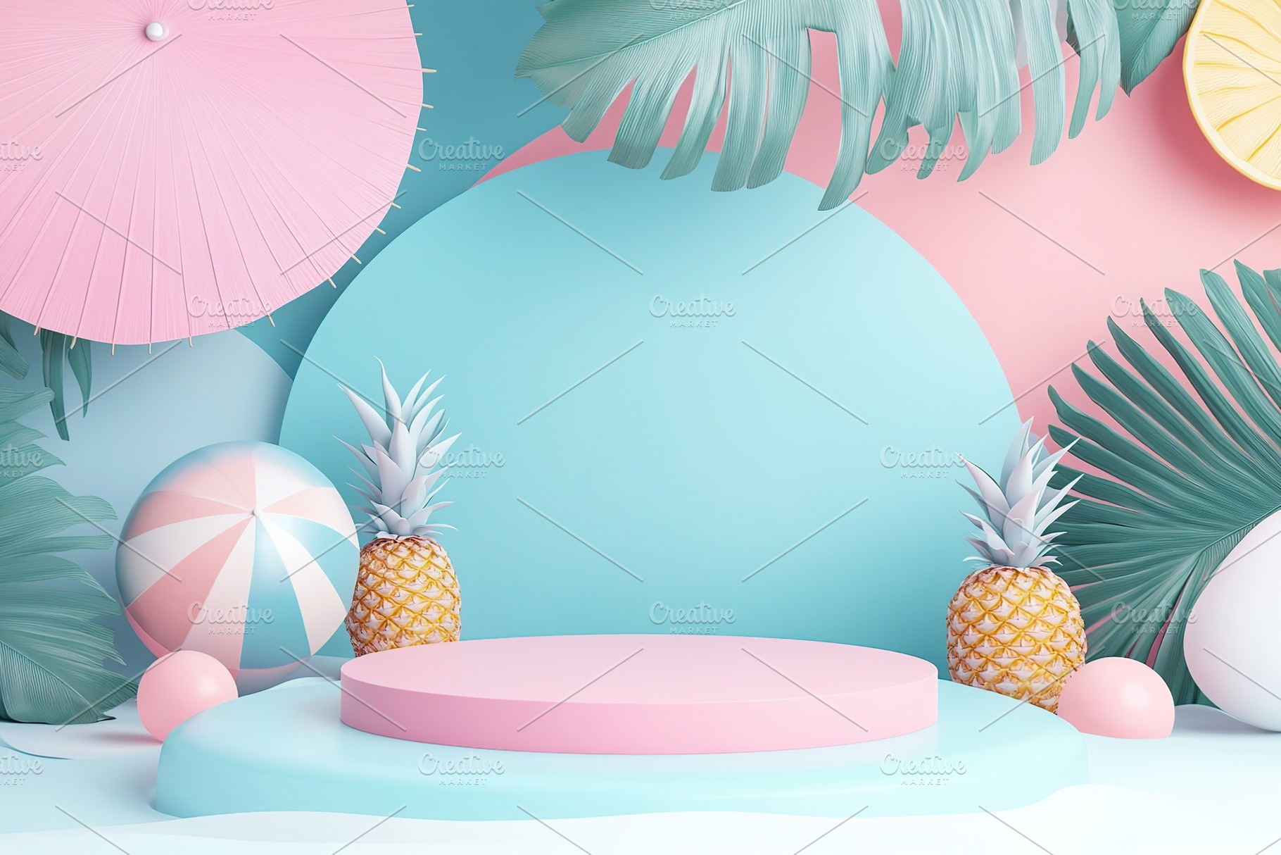 Colorful summer podium setup with tropical elements and beach decorations for a, a Background Photo by AlyaAnd