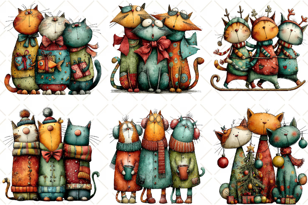 Whimsical Christmas Cats Clipart, an Illustration by Black Bird Studio (Photo 6 of 6)