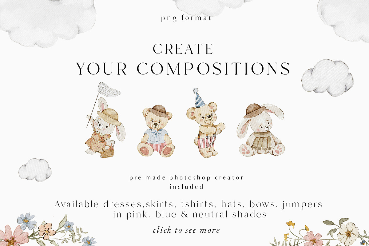 Teddy Bear & Bunny Watercolor spring, a Decorative Illustration by Grace Noboa Illustrations (Photo 13 of 14)