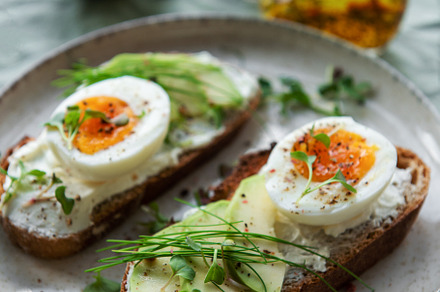 Bread toast, boiled eggs, avocado slice, microgreens on a plate, a Food & Drink Photo by Olena Rudo